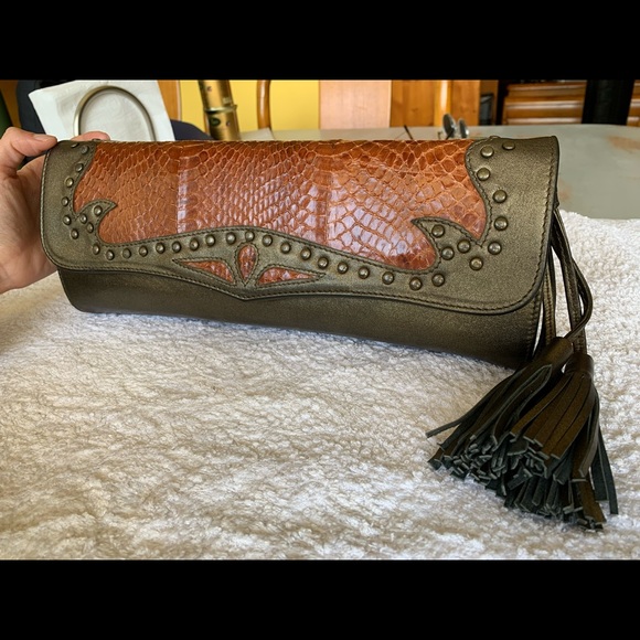 Statement boho leather and snakeskin clutch - Picture 4 of 15
